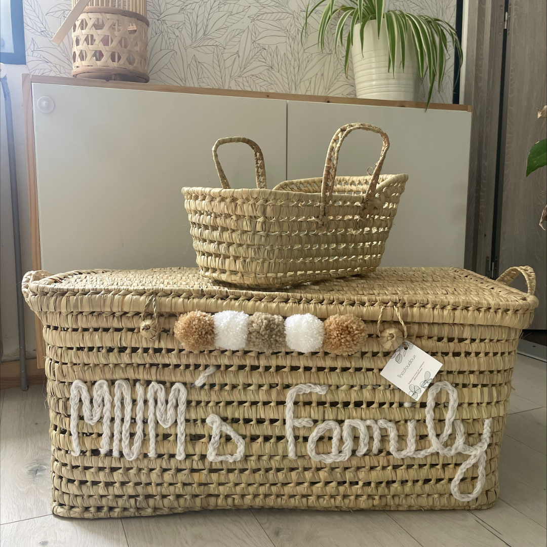 Grande malle personnalisée en feuilles de palmier pour la famille