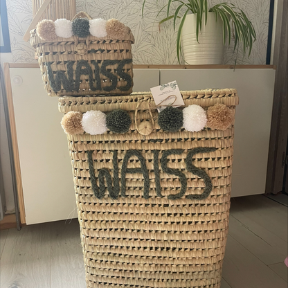 Malle carrée haute en feuilles de palmier personnalisée avec prénom Waiss