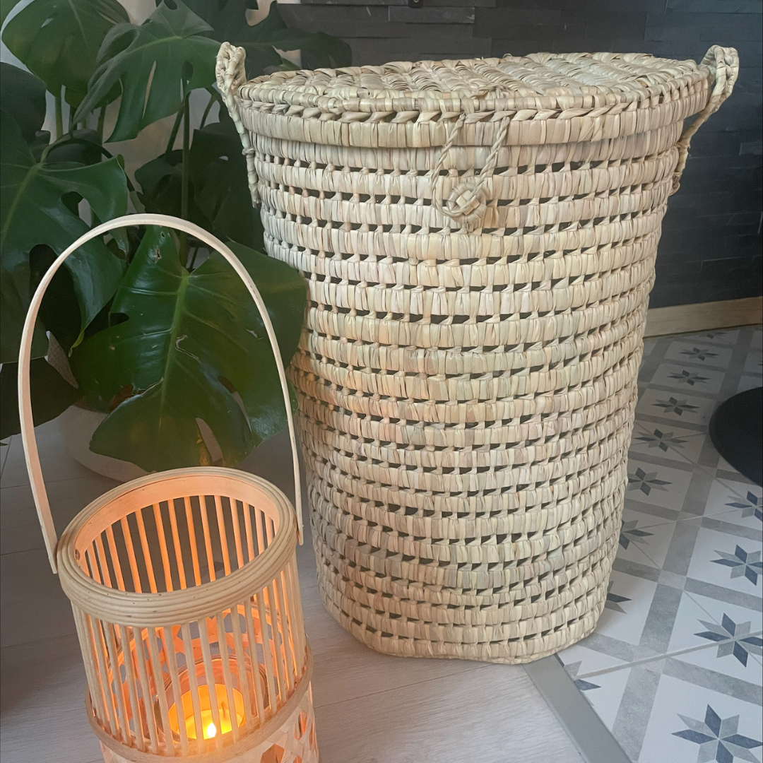 Malle ronde haute en feuilles de palmier