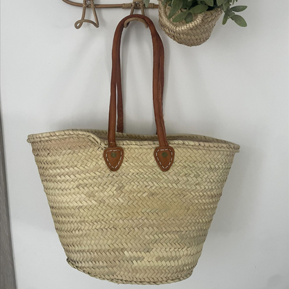 Panier cabas en feuilles de palmier avec anses en cuir