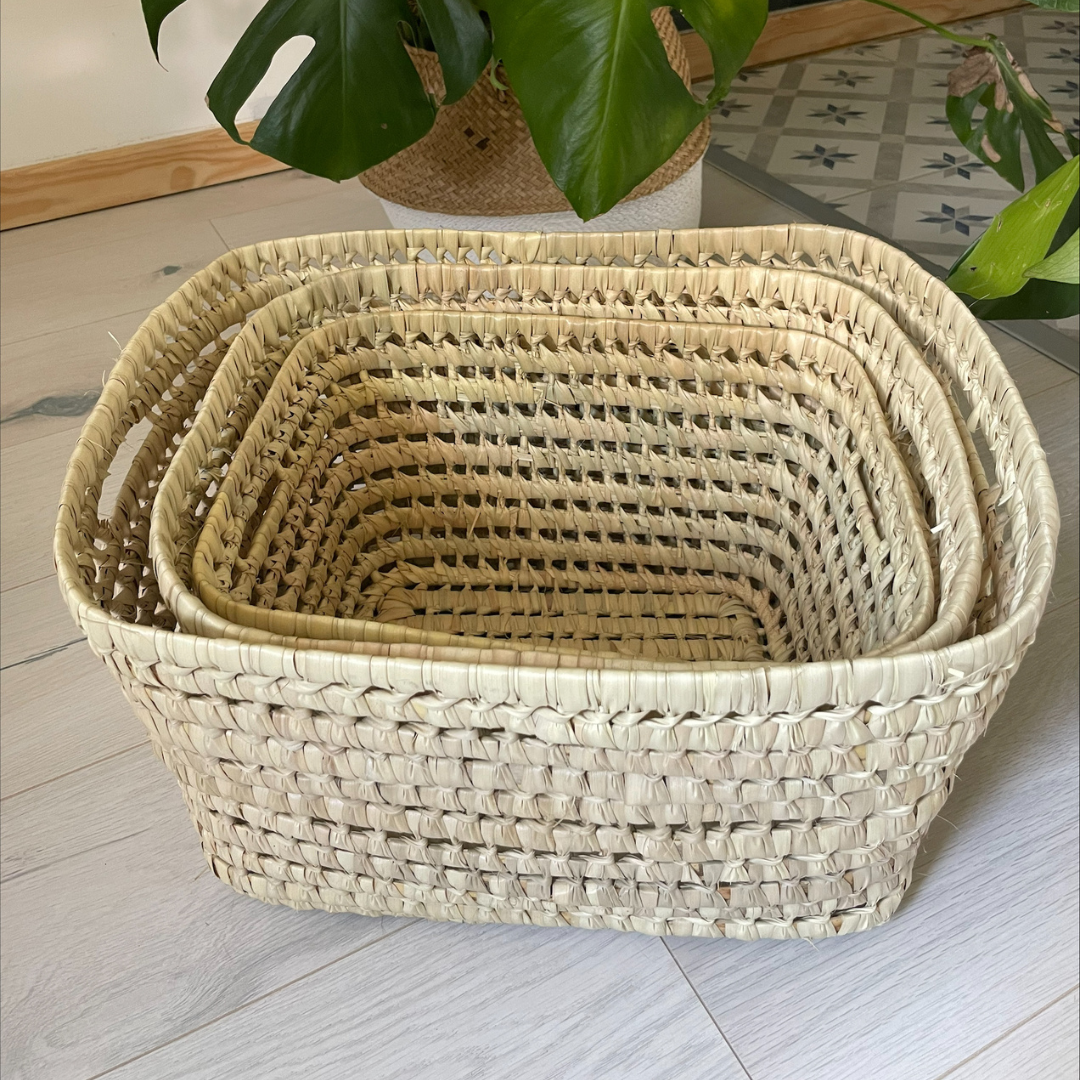 Trio de paniers empilables en feuilles de palmier